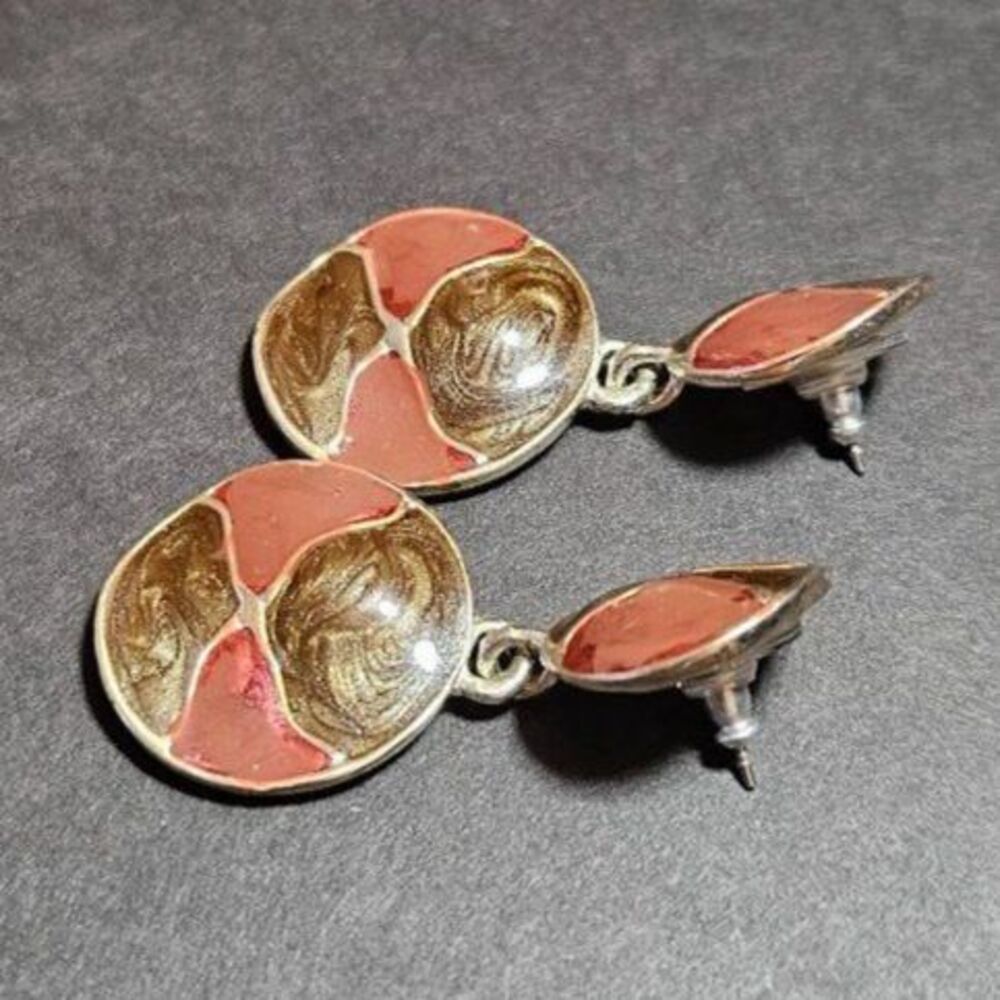 Vintage silver tone round enamel dangling earrings - Picture 5 of 8